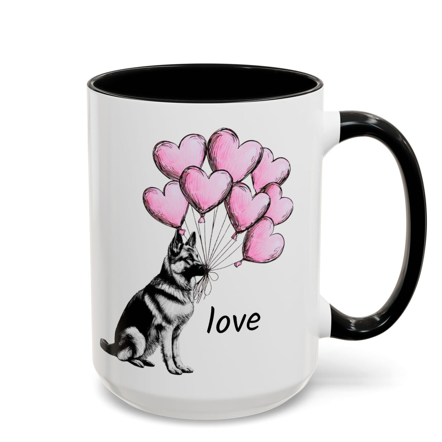 Mug with a German Sheperd dog holding heart-shaped balloons and the word 'love' on a white background