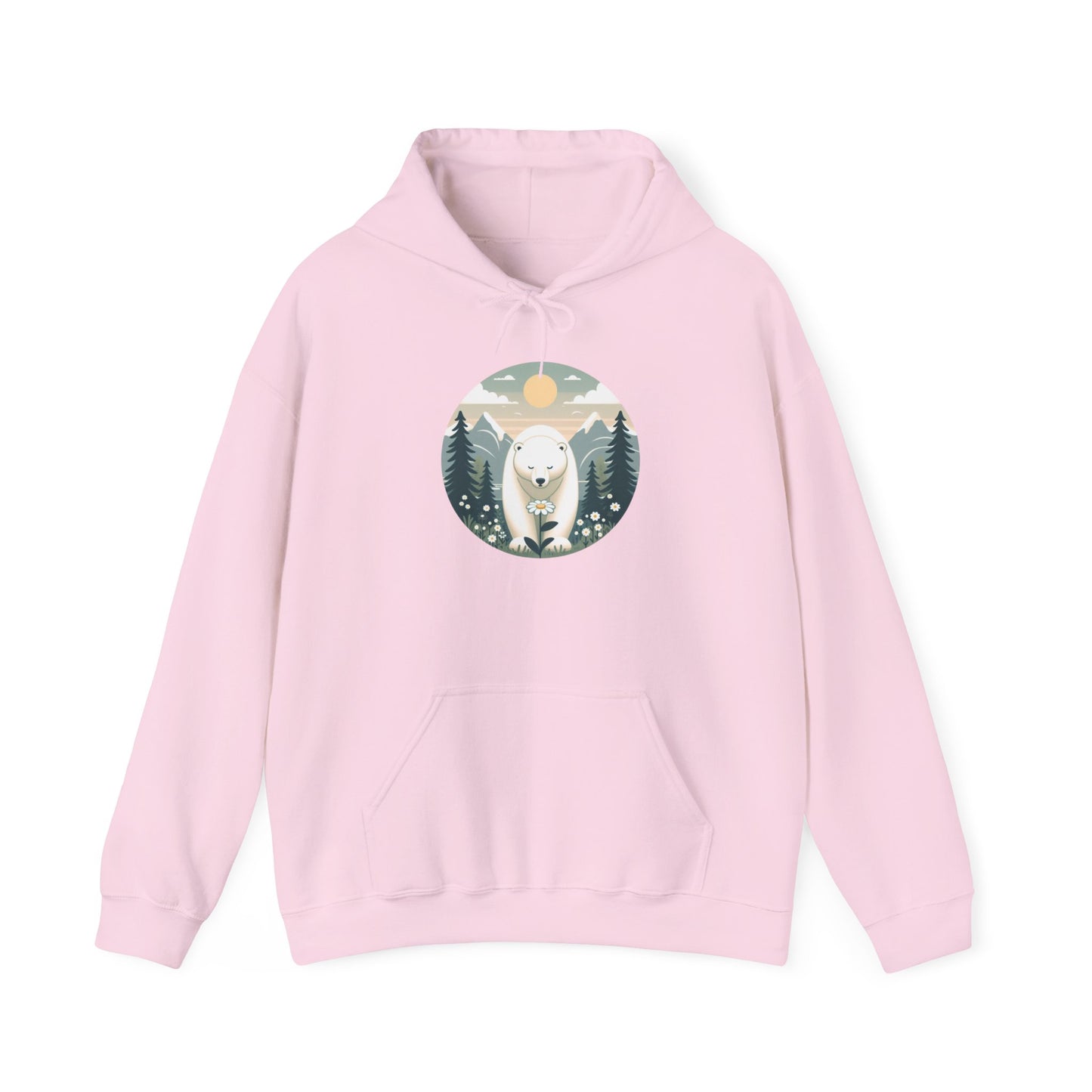 Polar Bear & Wildflower Mountain Hoodie, Heavyweight Cozy Nature Graphic Sweatshirt
