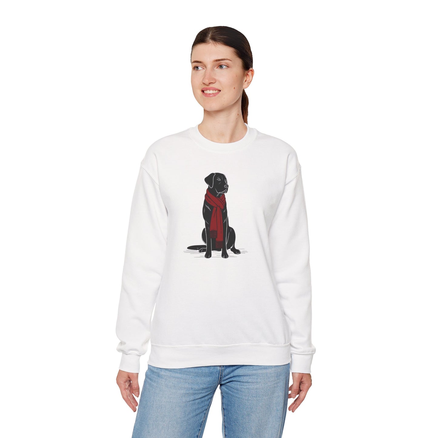 Person wearing a white sweatshirt with a black dog design on a white background
