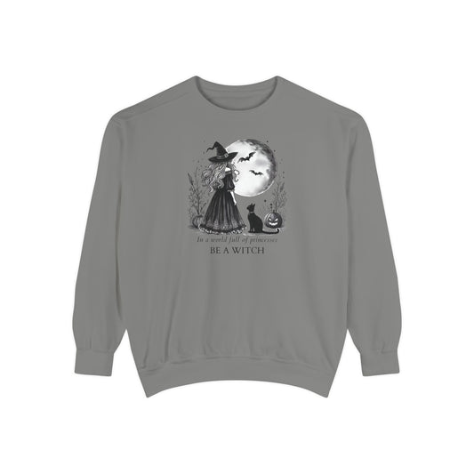 Gray sweatshirt with Halloween-themed graphic and text on a white background