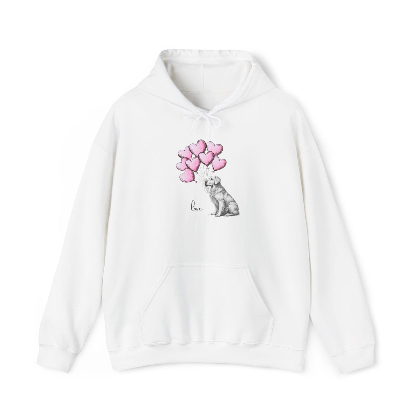 White hoodie with a Golden Retriever dog and heart balloon design on a white background