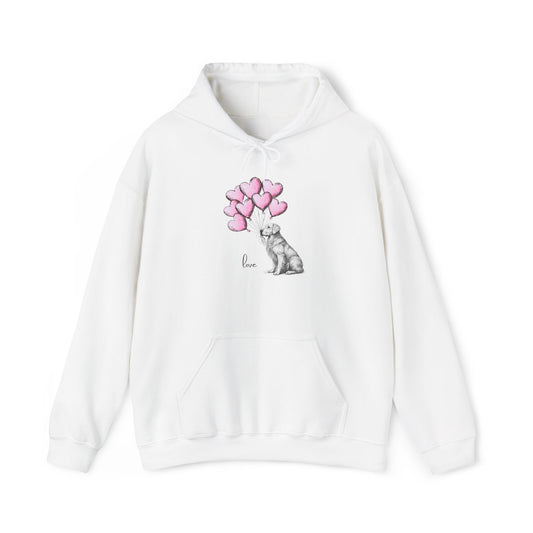 White hoodie with a Golden Retriever dog and heart balloon design on a white background