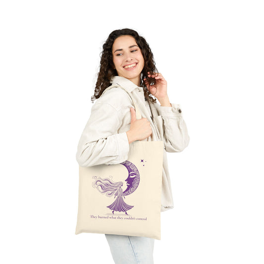 They Burned What They Couldn’t Control Tote Bag – Purple Moon Goddess Design, Feminist Witch Quote Canvas Tote