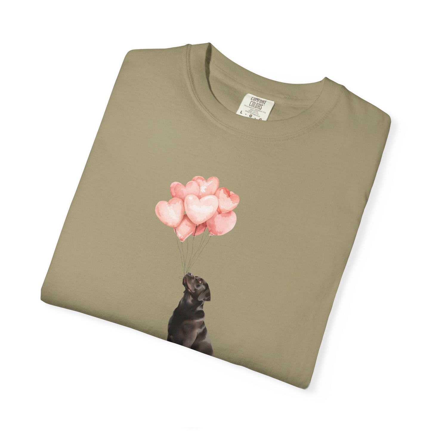 Black Labrador with Heart Balloons Comfort Colors Tee