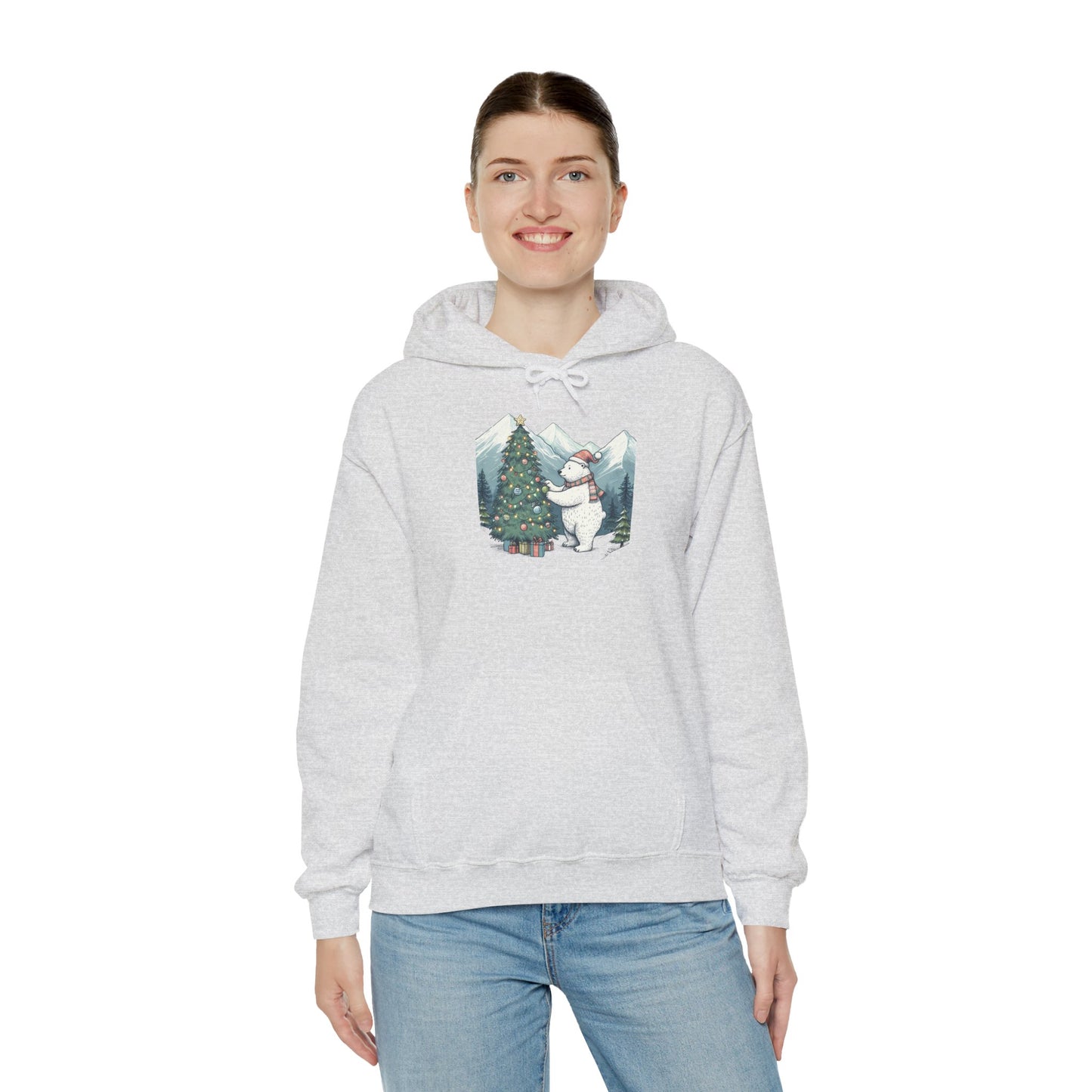 Polar Christmas Mountains Hoodie, Cozy Bear Holiday Scene