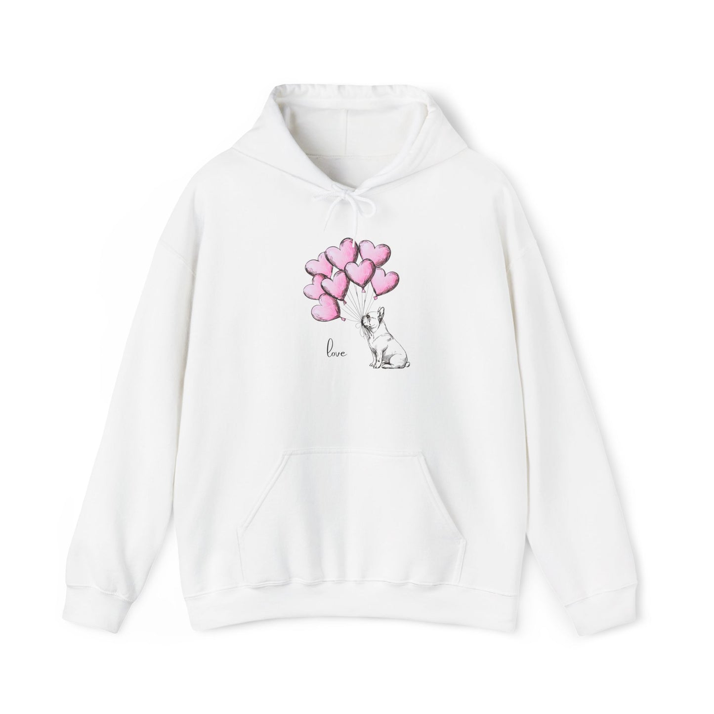 White hoodie with a French Bulldog  and heart balloon design on a white background