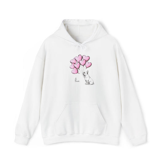 White hoodie with a French Bulldog  and heart balloon design on a white background