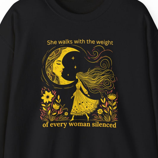 Black sweatshirt with yellow graphic and text on a white background