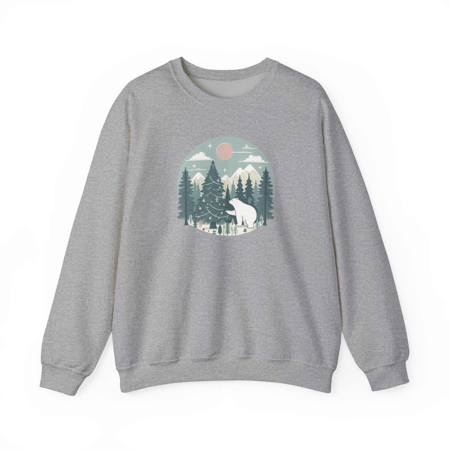 Polar Bear Decorating the Christmas Tree- Winter Forest Graphic Crewneck