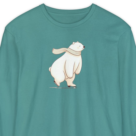 Teal long-sleeve shirt with a polar bear graphic on a white background