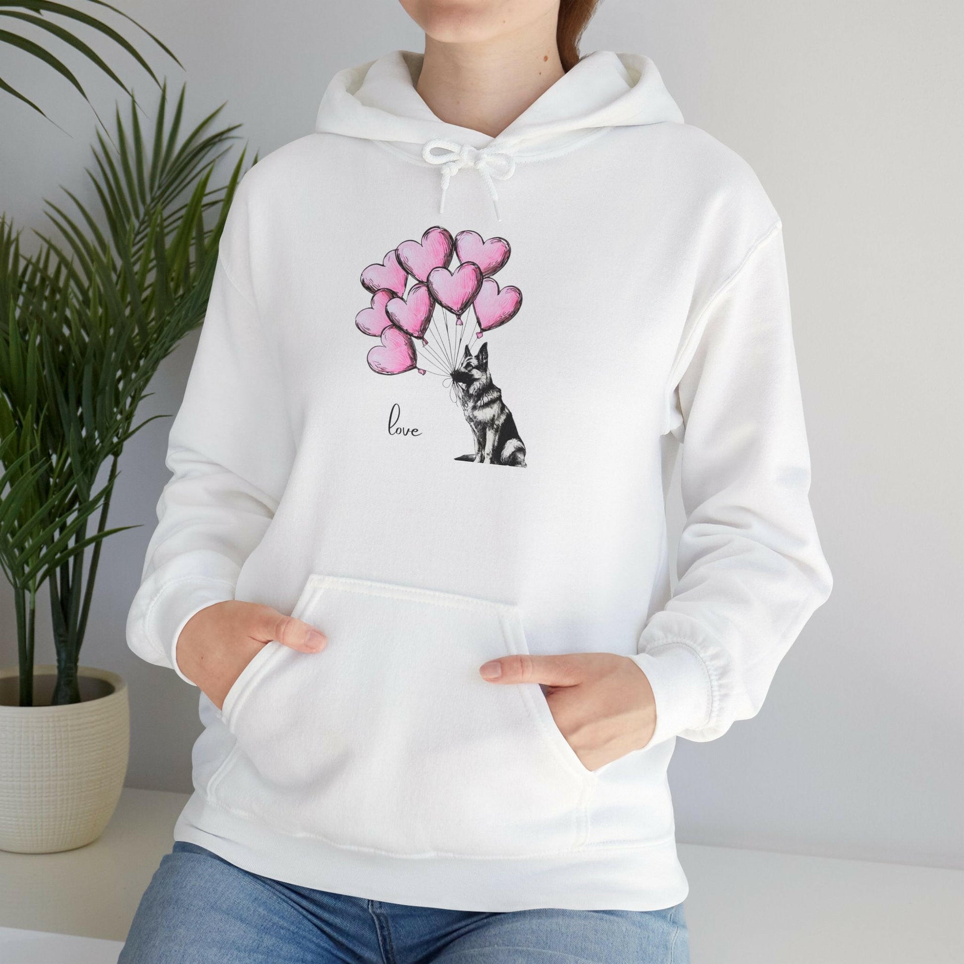 German Shepard Hoodie - Dog Holding Soft Pink Heart Balloons - Stompy Paws