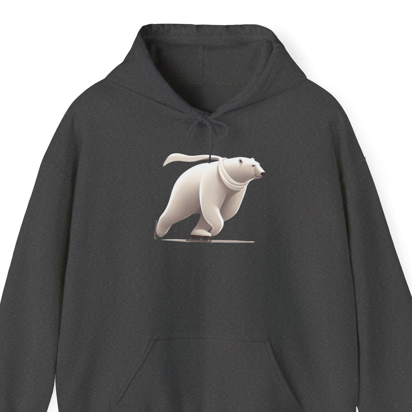Dark gray hoodie with a graphic of a white polar bear on a white background
