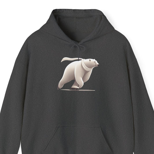 Dark gray hoodie with a graphic of a white polar bear on a white background