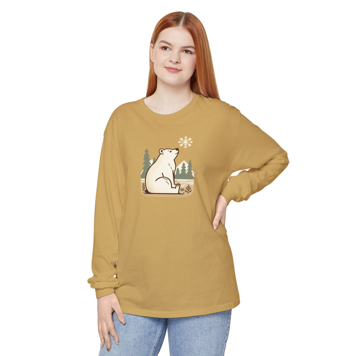 Snowflake Polar Bear Long Sleeve, Cozy Winter Graphic Tee