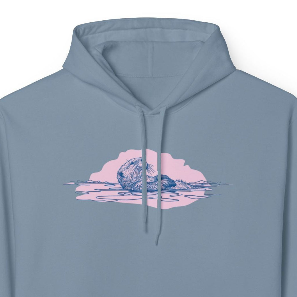 Blue hoodie with a graphic design of a sea otter.