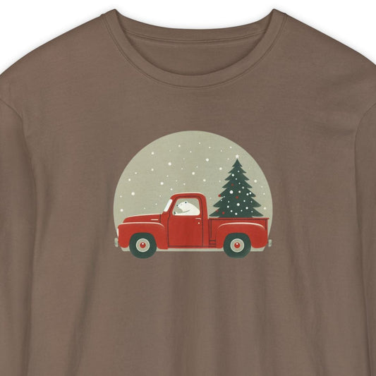 Brown long-sleeve shirt with a graphic of a red truck and Christmas tree on a white background