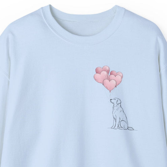 Light blue sweatshirt with a dog and heart design on a white background