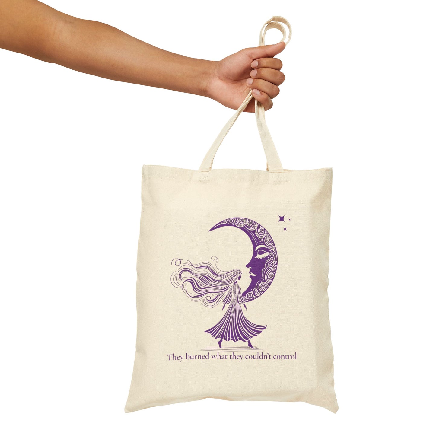 They Burned What They Couldn’t Control Tote Bag – Purple Moon Goddess Design, Feminist Witch Quote Canvas Tote