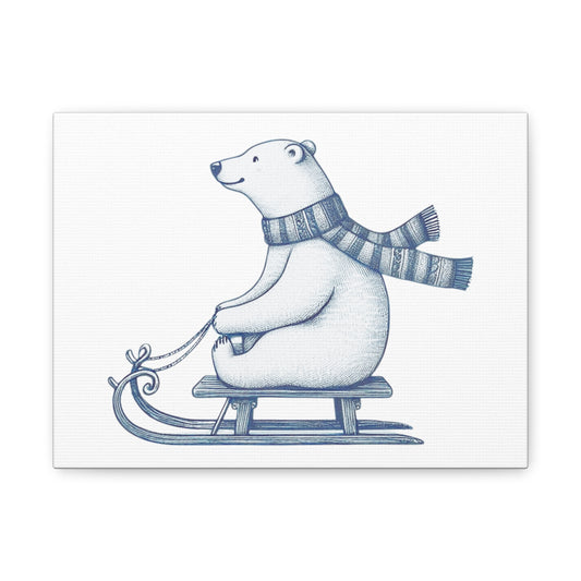 Illustration of a polar bear with a striped scarf sitting on a sled.