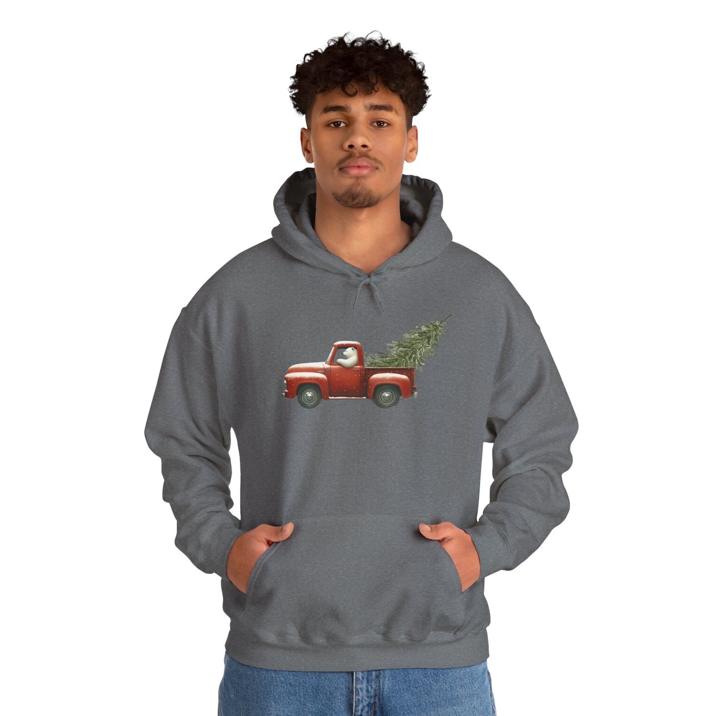 Snowy Christmas Ride, Polar Bear Red Truck Design Heavyweight Hoodie