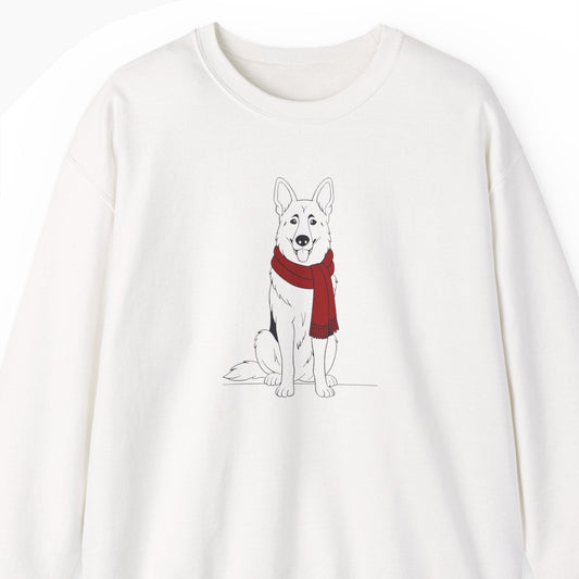 White sweatshirt with a dog graphic wearing a red scarf on a white background