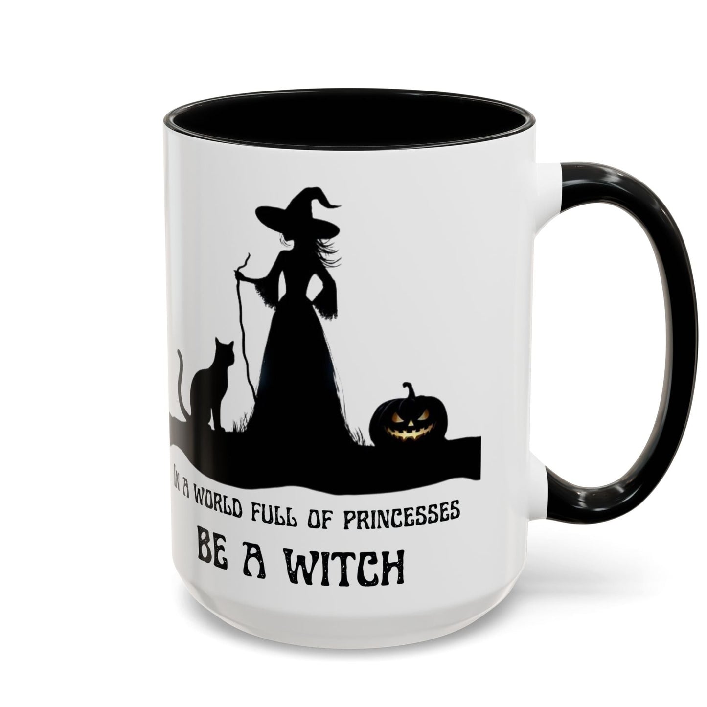 Mug with Halloween design featuring a witch, cat, and pumpkin with text 'In a world full of princesses be a witch'.
