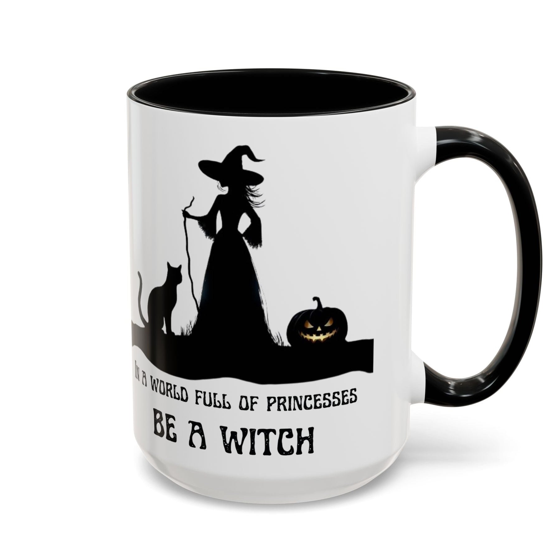 Mug with Halloween design featuring a witch, cat, and pumpkin with text 'In a world full of princesses be a witch'.