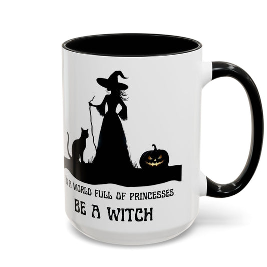 Mug with Halloween design featuring a witch, cat, and pumpkin with text 'In a world full of princesses be a witch'.