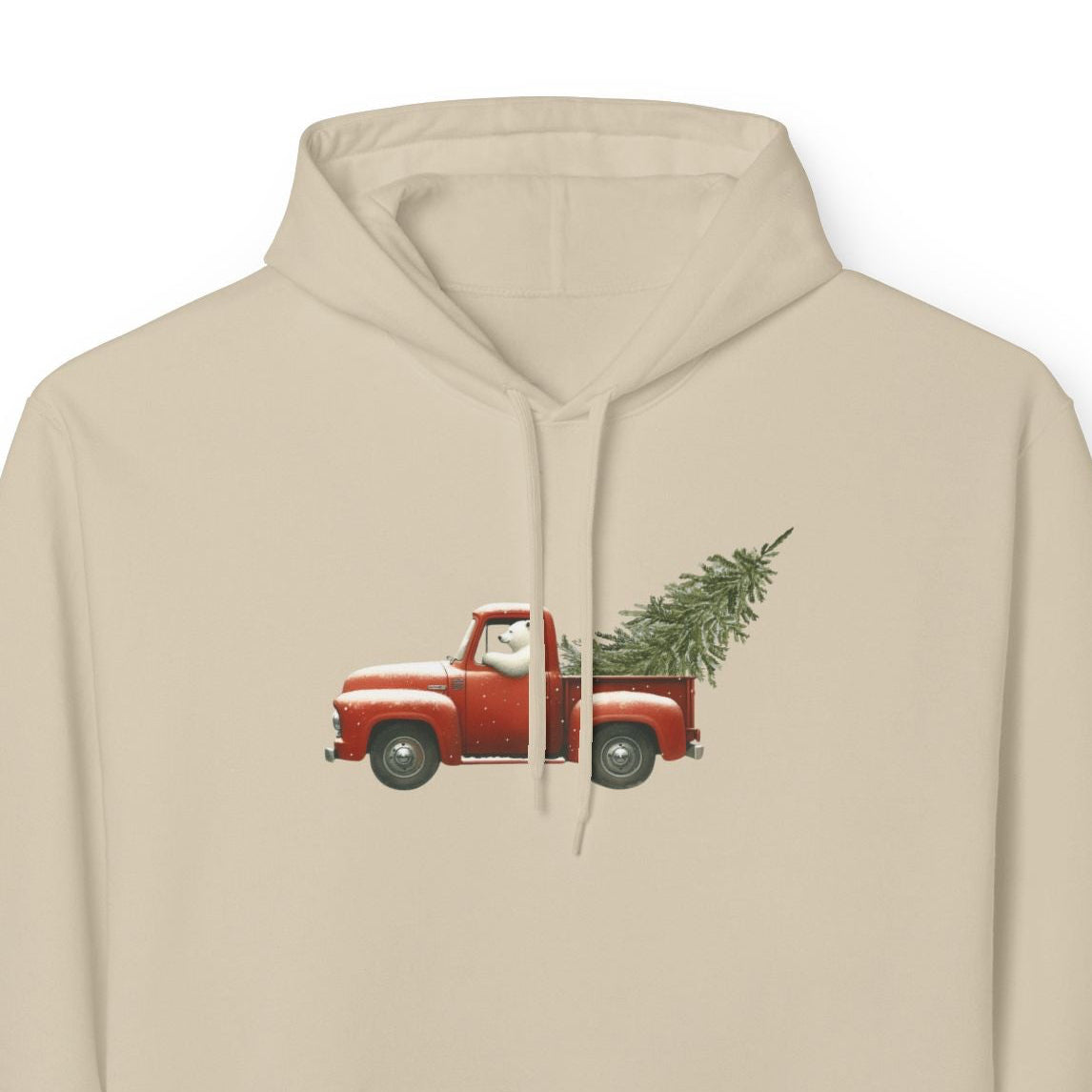 Beige hoodie with a red truck and Christmas tree design on a white background