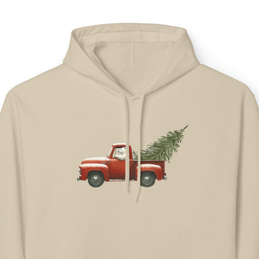 Beige hoodie with a red truck and Christmas tree design on a white background