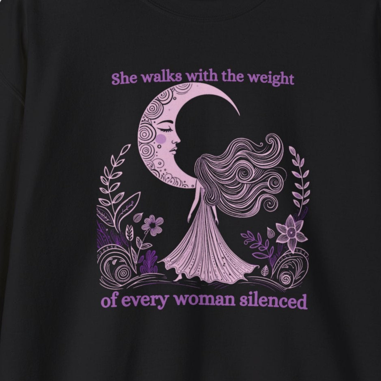Black sweatshirt with a purple graphic and text on a white background