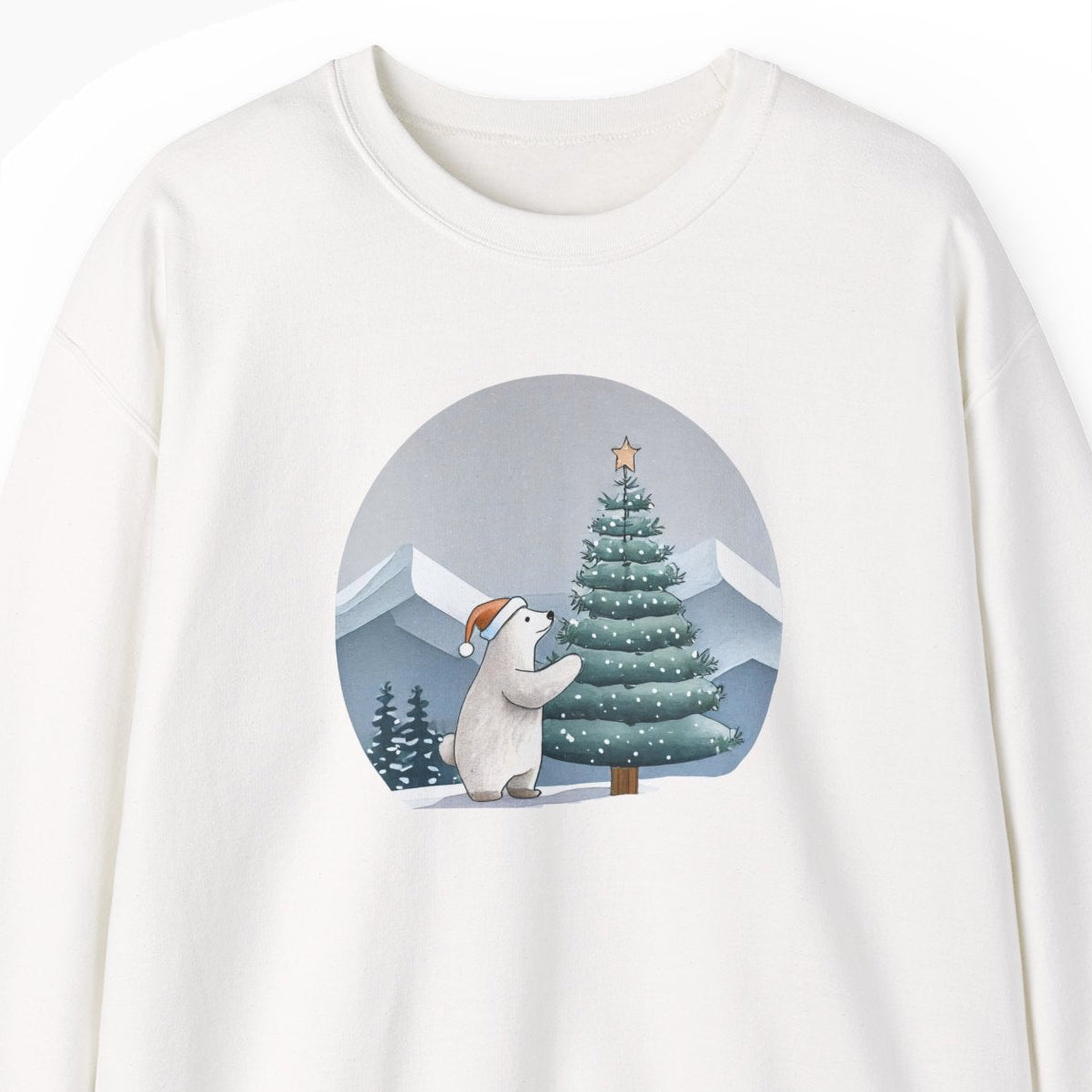 White sweatshirt with a graphic of a polar bear  and Christmas tree on a white background