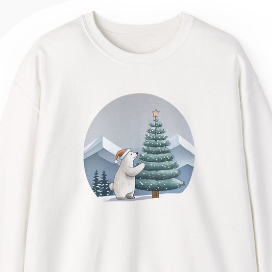 White sweatshirt with a graphic of a polar bear  and Christmas tree on a white background