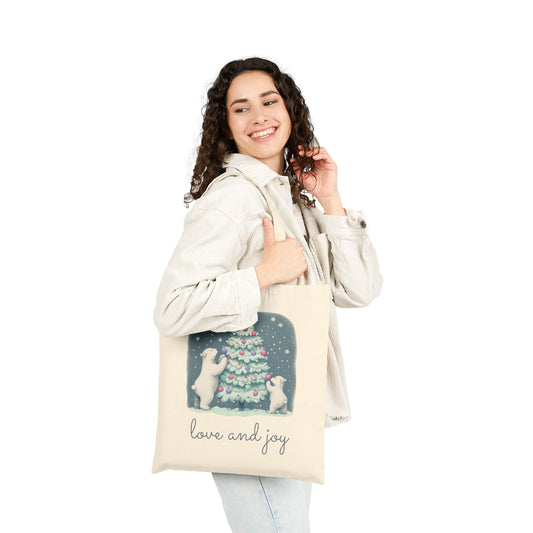 Love and Joy Christmas Tote Bag Double Sided | Polar Bear Holiday Tote