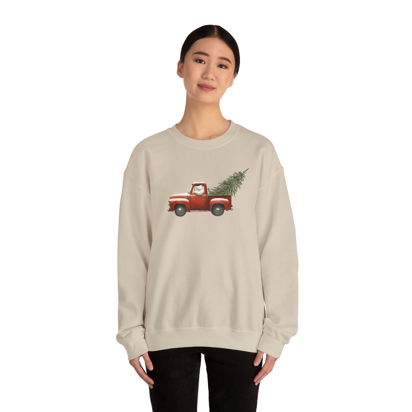 Snowy Christmas Ride, Polar Bear Red Truck Design Sweatshirt