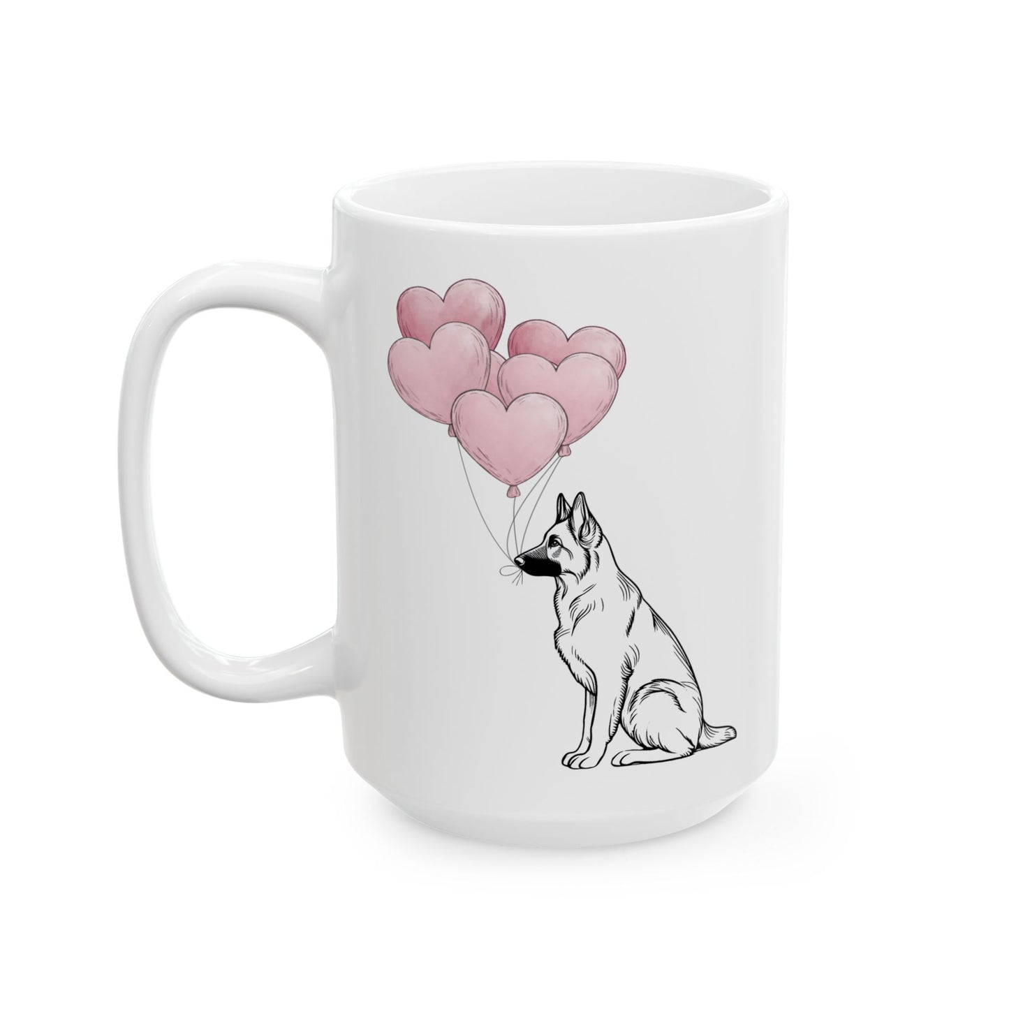 German Shepherd with Heart Balloons Mug, 15 oz