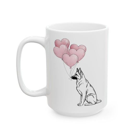 German Shepherd with Heart Balloons Mug, 15 oz