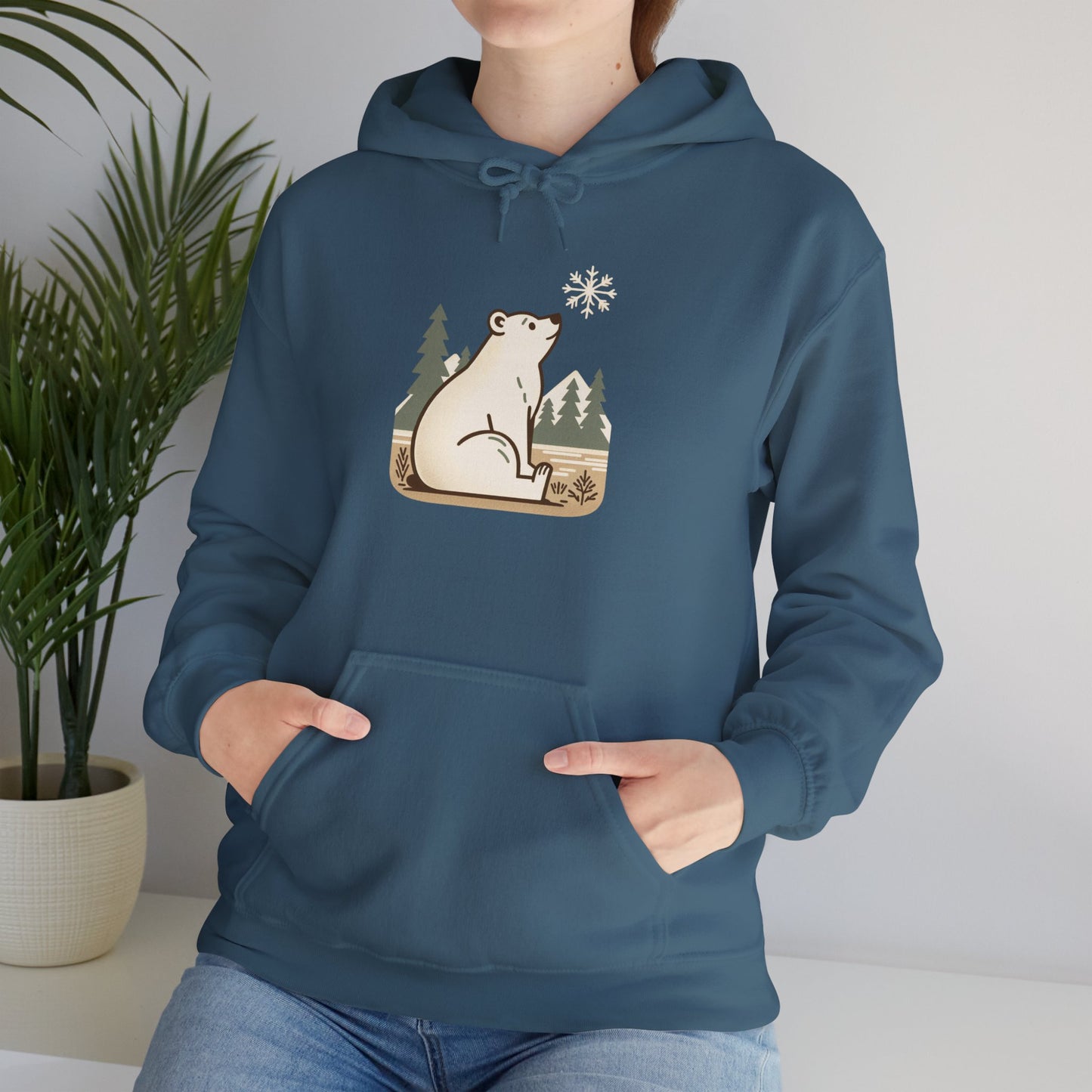 Polar Bear in Pines Hoodie, Heavyweight Winter Sweatshirt, Minimalist Nature Graphic