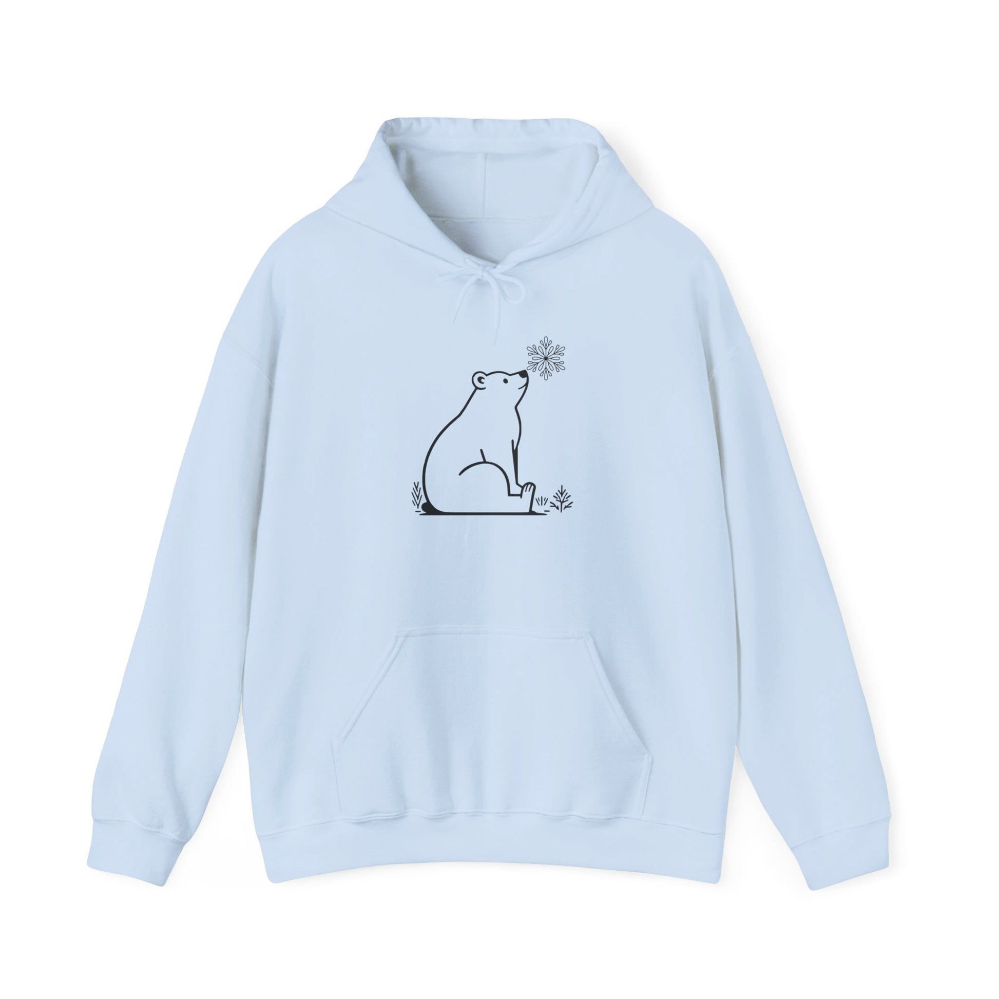 Light blue hoodie with a bear and snowflake design on a white background
