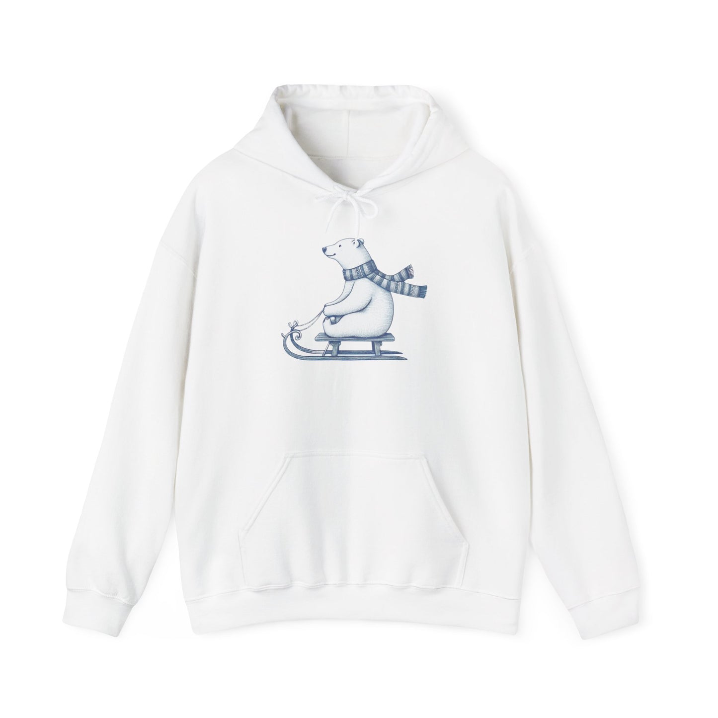 White hoodie with a polar bear design on a white background
