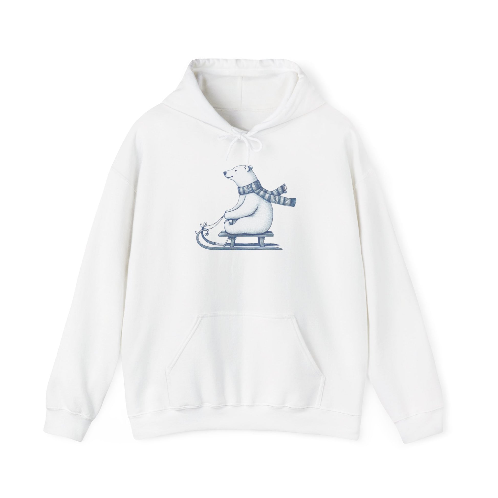 White hoodie with a polar bear design on a white background