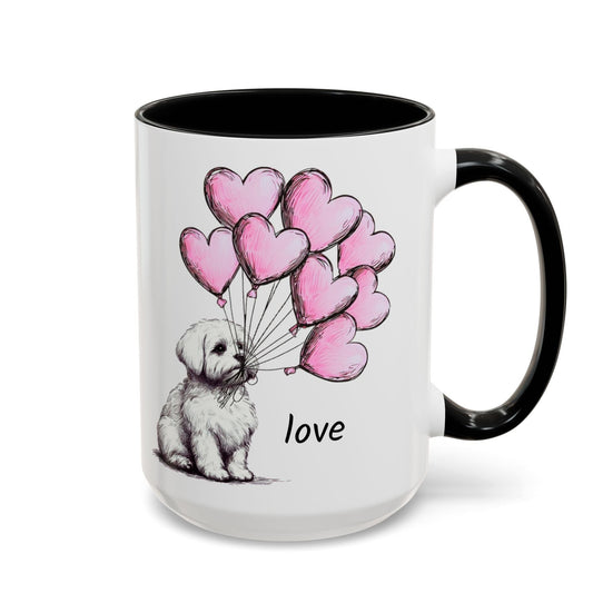 Mug with a design of a Maltese dog holding pink heart balloons and the word 'love'.