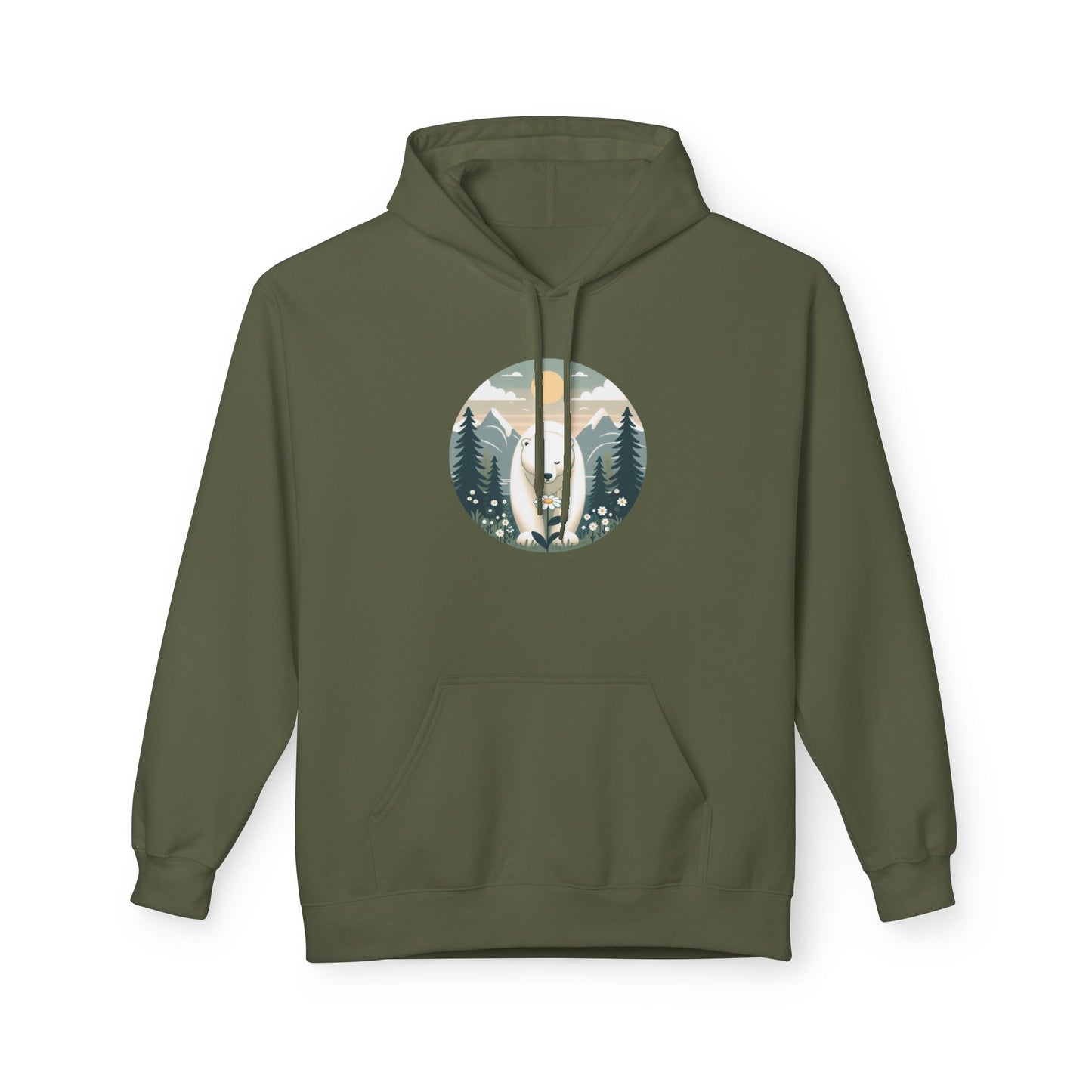 Polar Bear & Wildflower Mountain Hoodie, Midweight Cozy Nature Graphic Sweatshirt