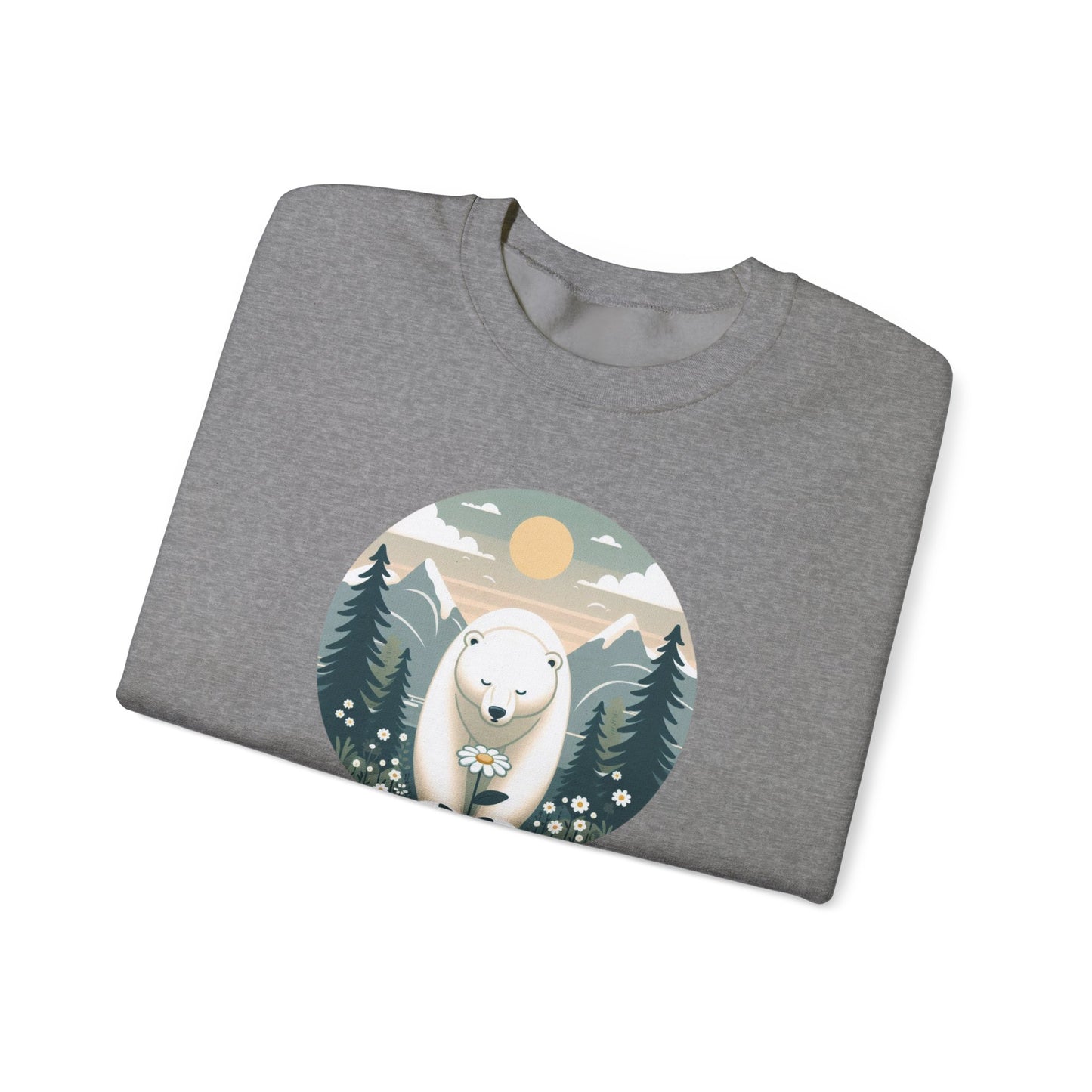 Folded gray t-shirt with a polar bear graphic on a white background