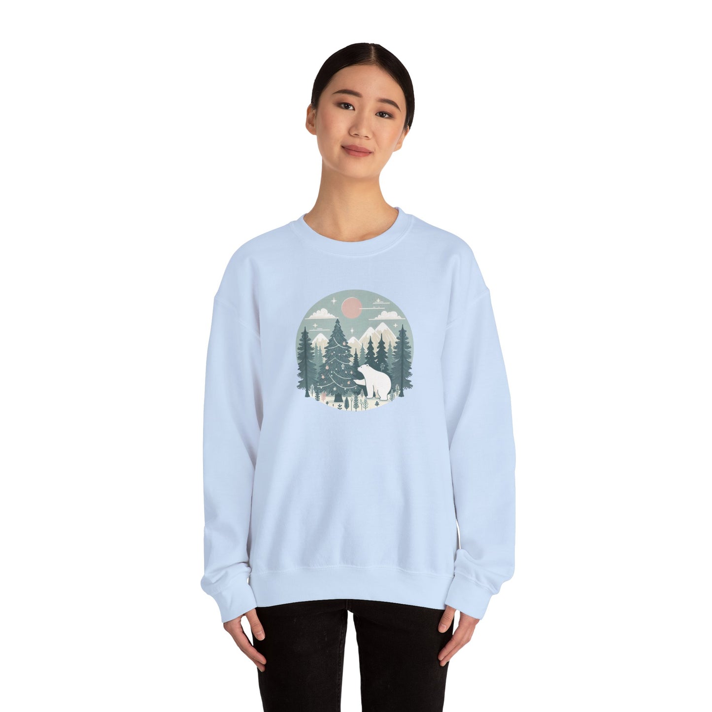 Polar Bear Decorating the Christmas Tree- Winter Forest Graphic Crewneck
