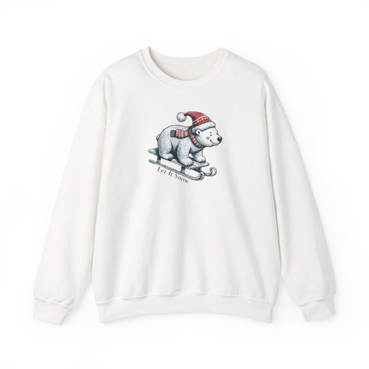 White sweatshirt with a polar bear graphic and 'Let It Snow' text on a white background