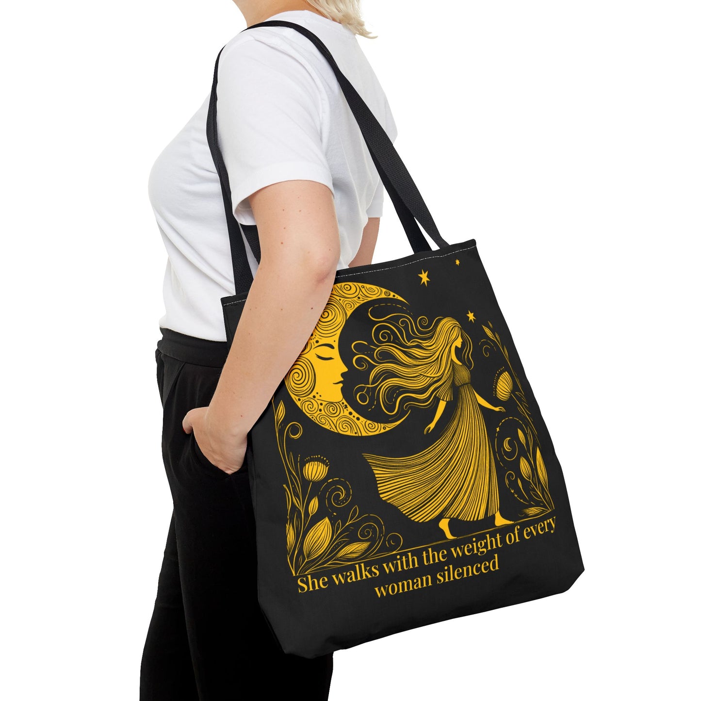 She Walks Feminist Tote | Moon Goddess Empowerment Bag