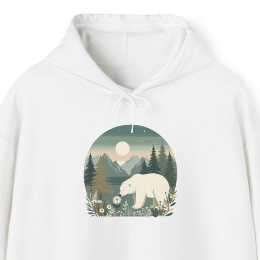 White hoodie with a bear graphic on a white background