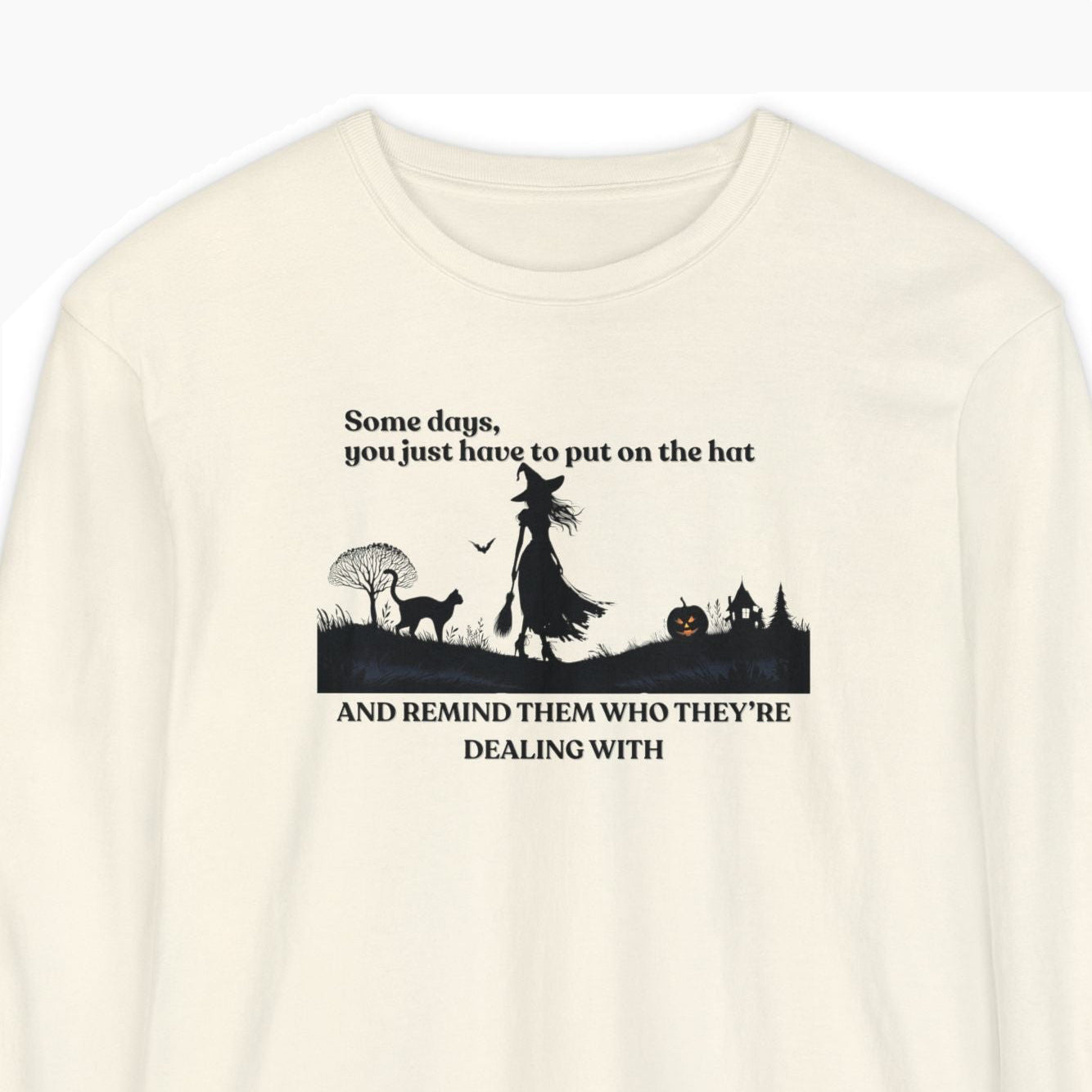Long sleeve cream colored Comfort Colors Halloween t-shirt with witch hat design – feminist fall graphic tee by Stompy Paws