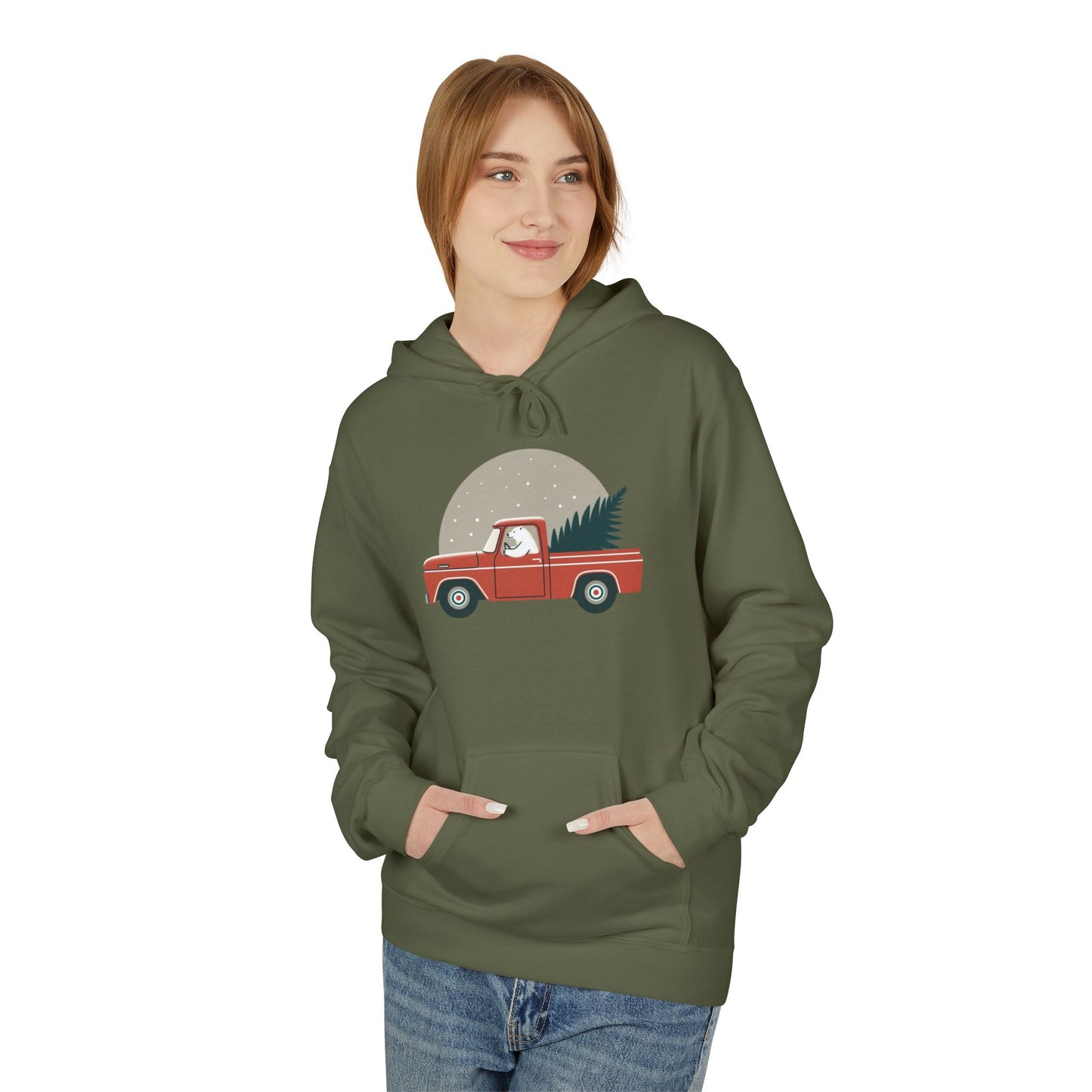 Moonlit Haul, Polar Bear Christmas Truck Design Midweight Hoodie
